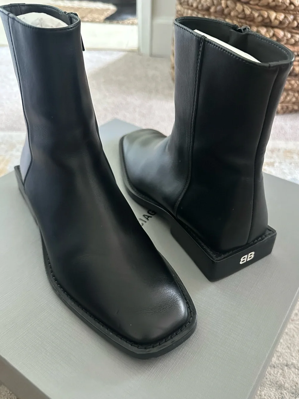 Balenciaga Black Leather Square-Toe Ankle Boots